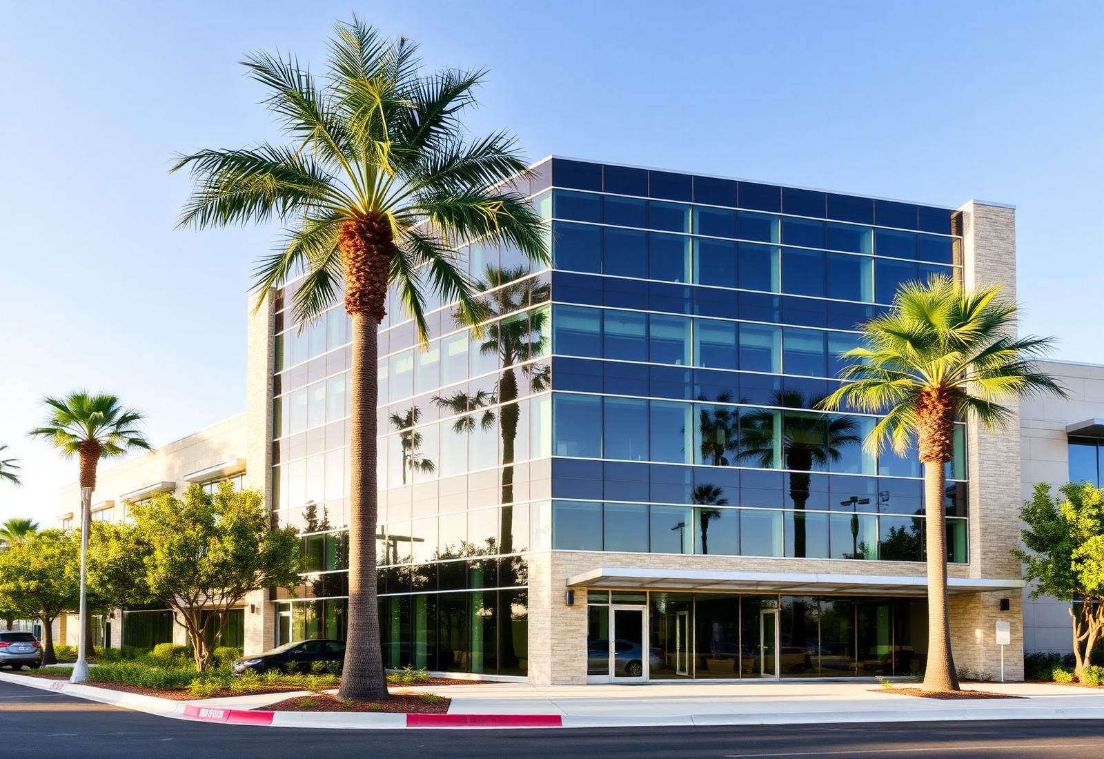 Modern Irvine office building with palm trees in Orange County